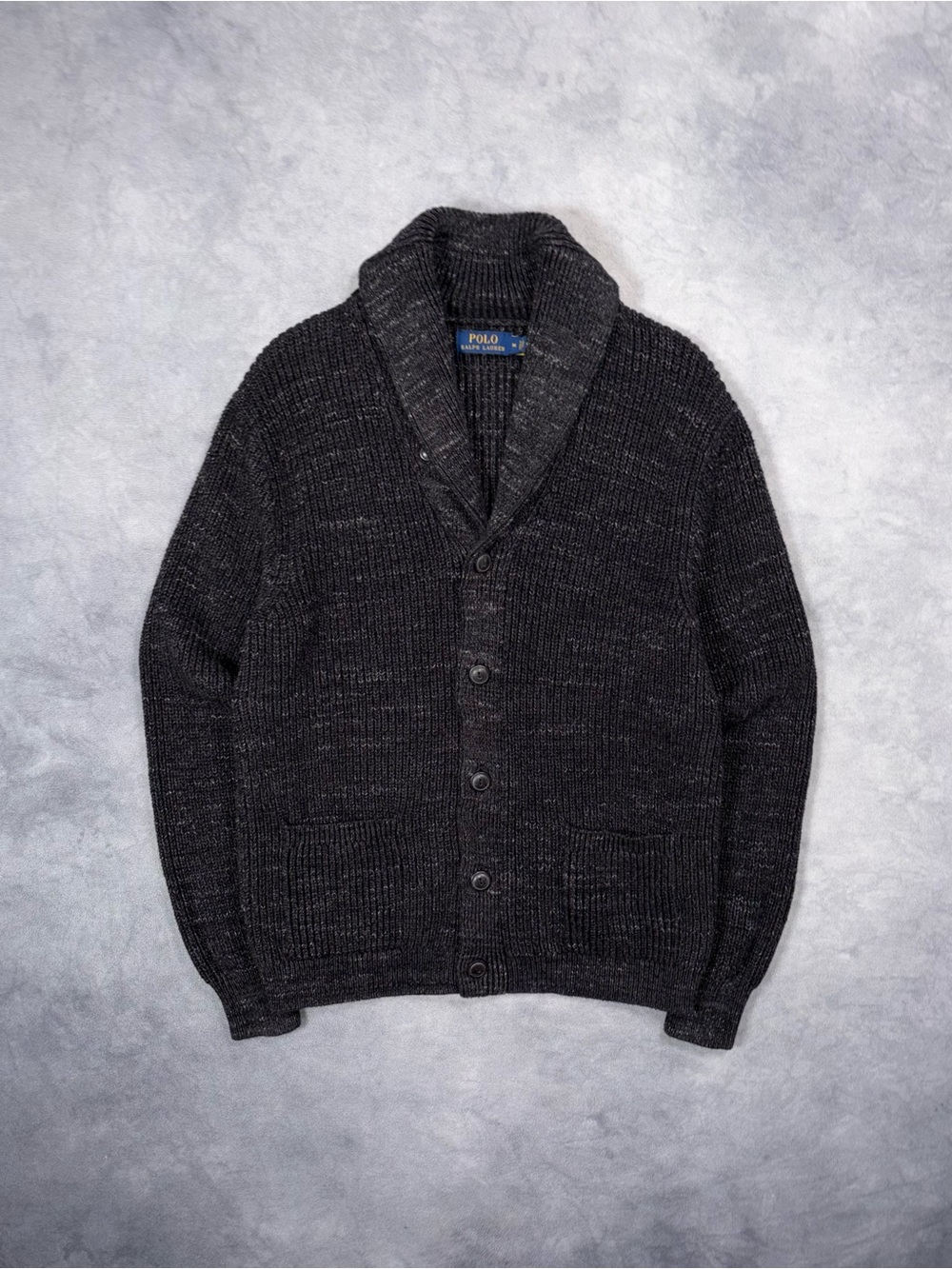 Polo Ralph Lauren Charcoal Grey Cotton Ribbed Knit Shawl Collar Cardigan Sweater